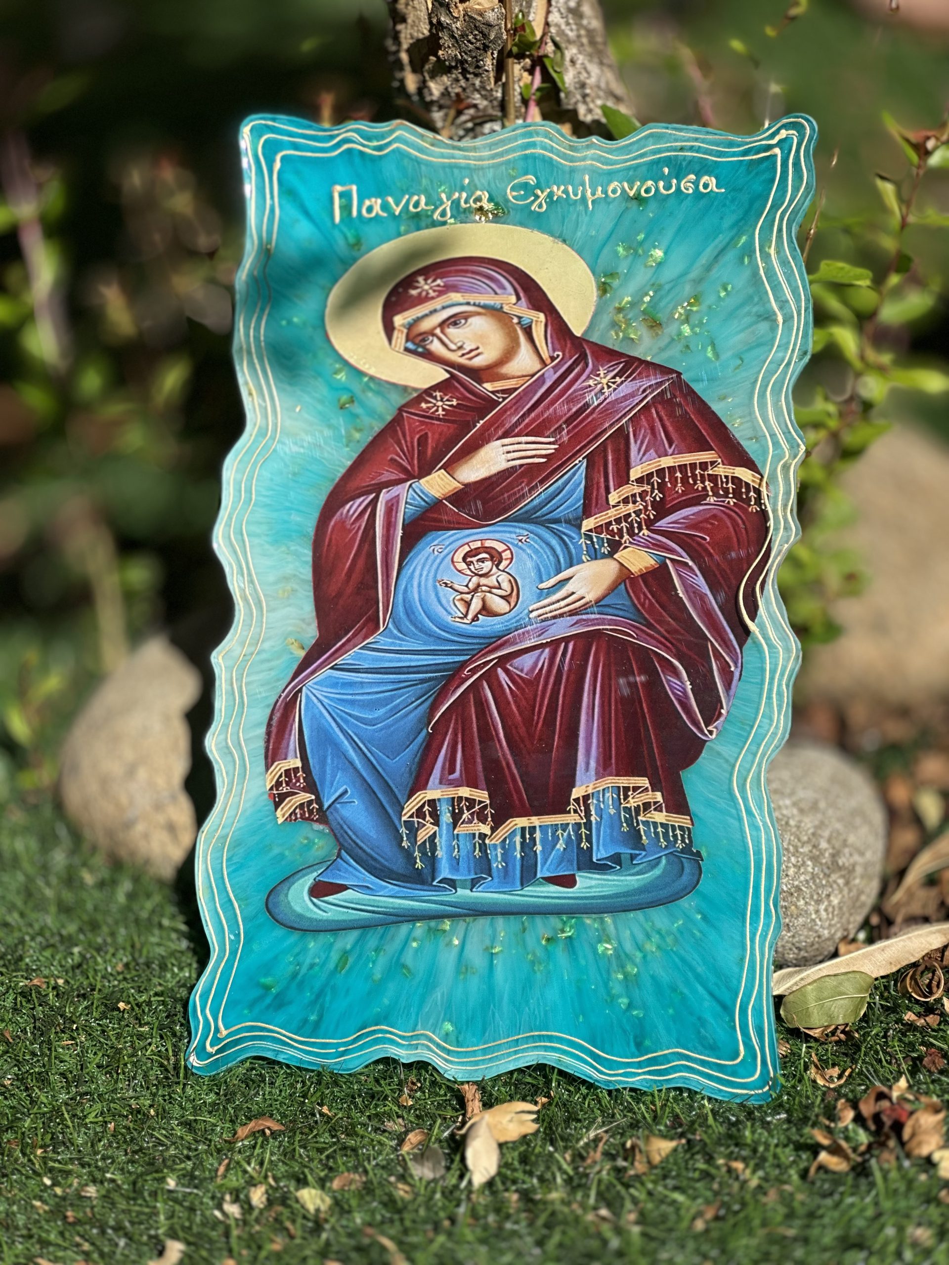 Χειροποίητη εικόνα Παναγίας Εγκυμονούσας από υγρό γυαλί