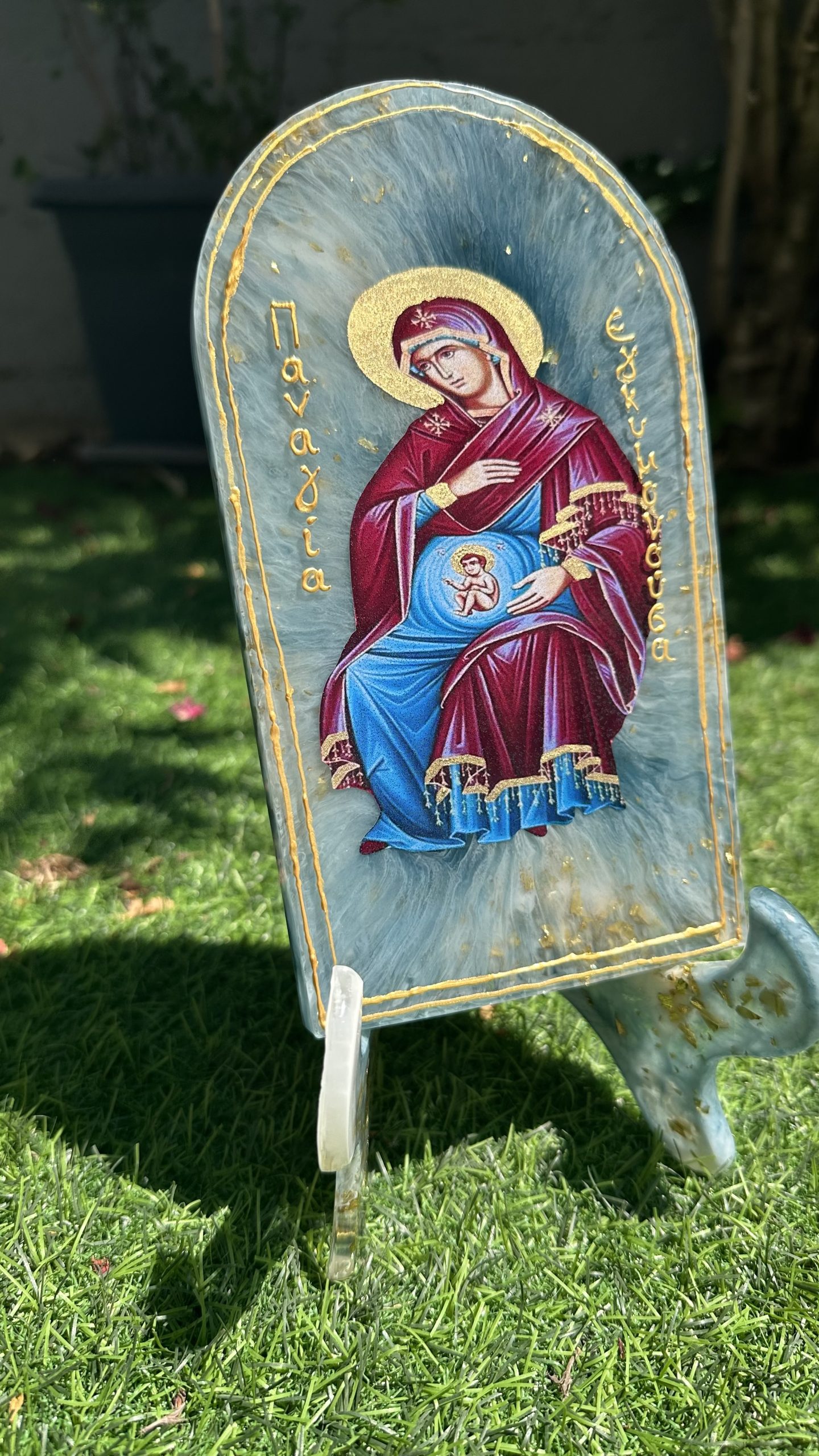 Χειροποίητη εικόνα Παναγίας Εγκυμονούσας από υγρό γυαλί