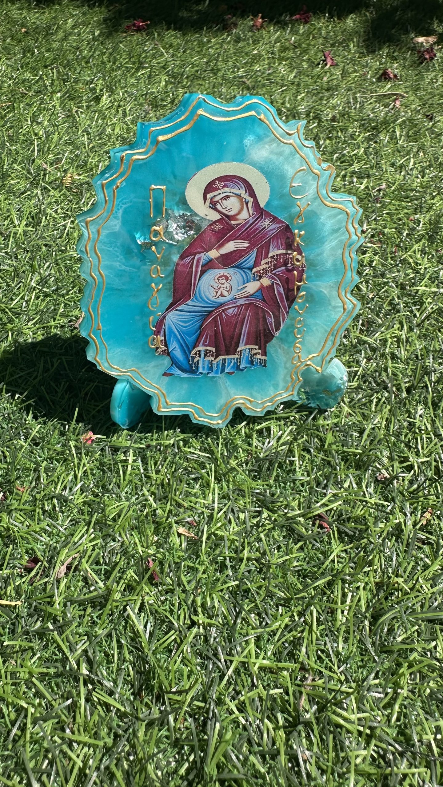 Χειροποίητη εικόνα Παναγίας Εγκυμονούσας από υγρό γυαλί