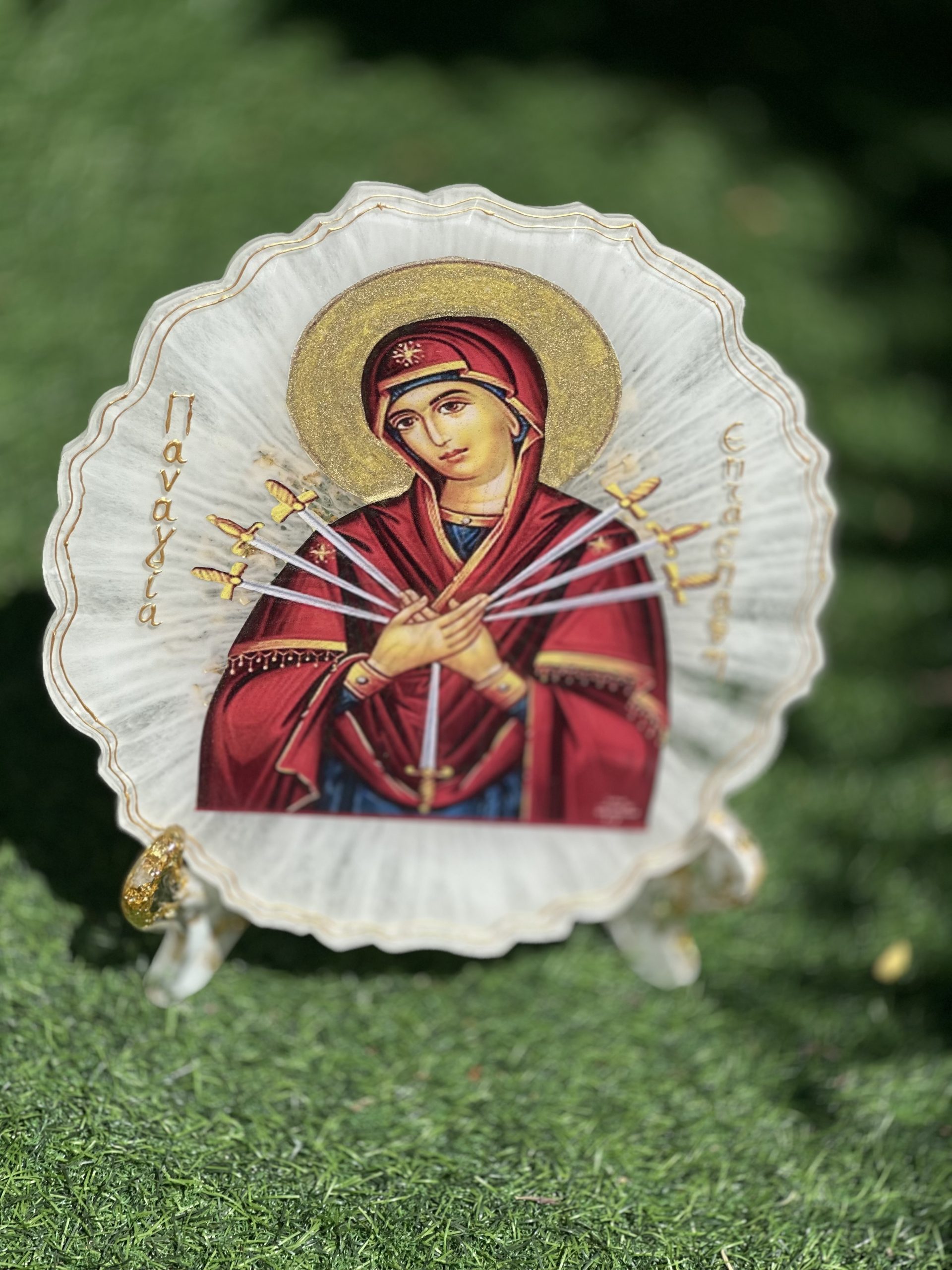 Χειροποίητη εικόνα Παναγίας Επτάσπαθης από υγρό γυαλί