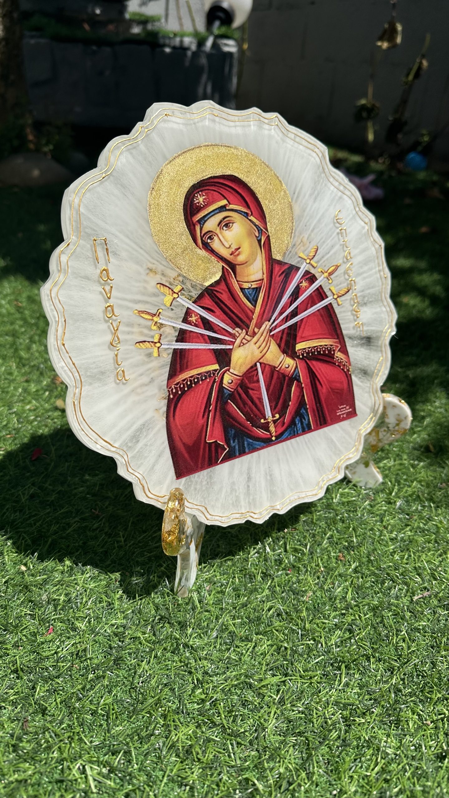 Χειροποίητη εικόνα Παναγίας Επτάσπαθης από υγρό γυαλί - Image 2